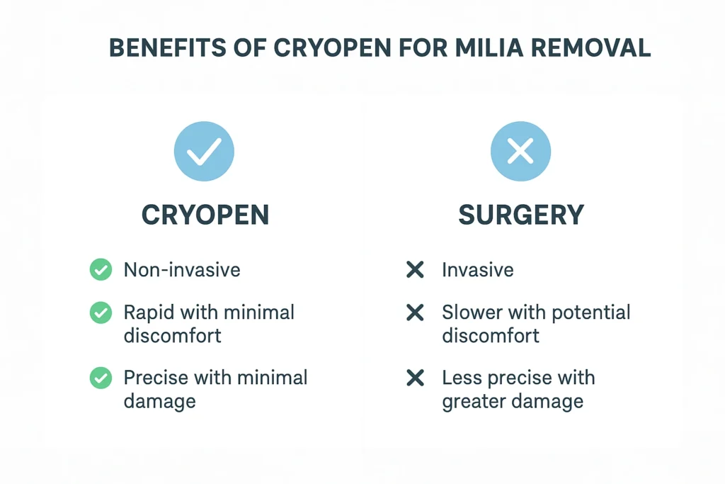 Benefits of cryopen for milia removal Stanford-le-Hope compared to surgical treatments.
