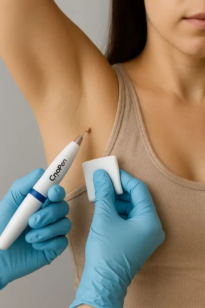 woman having cryopen to remove underarm skin tags Stanford-le-Hope