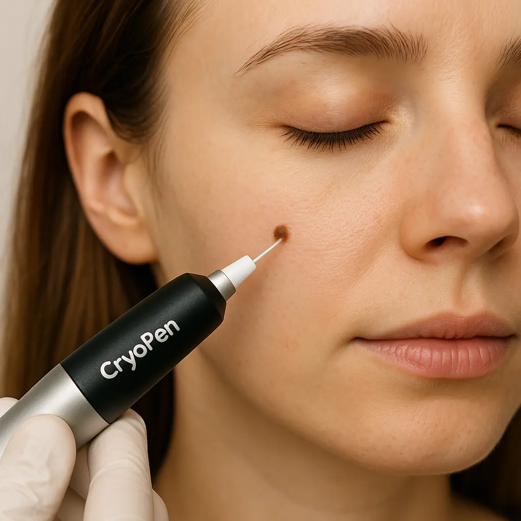 woman receiving facial mole removal Stanford-le-Hope using cryopen 
