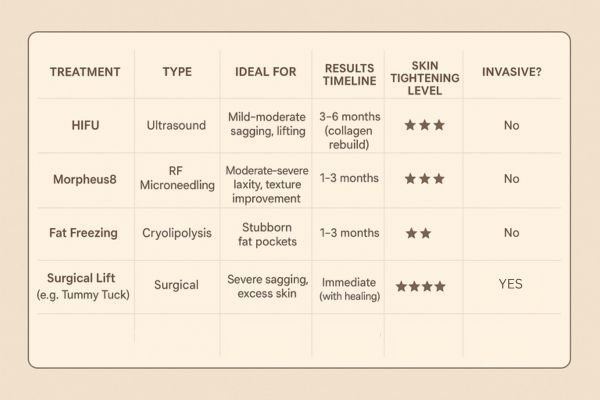 Table showing the comparisons of Skin tightening Stanford-le-Hope treatment options.